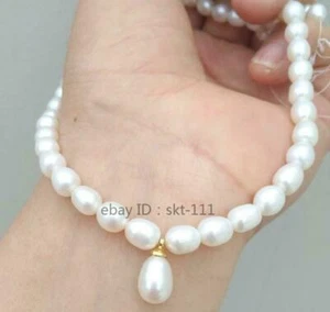 7-8mm Natural Genuine Akoya White Baroque Pearl Necklace +pendant 14k - Picture 1 of 7