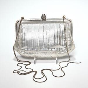 Fendi Silver Metallic Vtg Cocktail Evening Pouch Clutch Purse Clasp Bag 7" x 5"