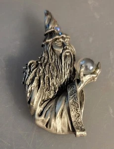 Vintage JJ Jonette pewter tone Wizard sorcerer w/ Crystal Ball magic brooch pin - Picture 1 of 4
