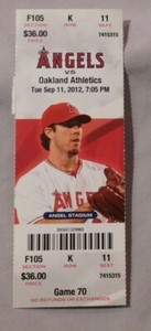 Los Angeles Angels Vs Oakland A's 9/11/12 MLB Ticket Stub Yoenis Cespedes