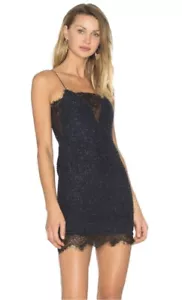 Revolve X By NBD Navy Blue Metallic Thread Black Lace Sleeveless Mini Dress Sz 2 - Picture 1 of 12
