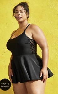 NWT TORRID Black SWIM DRESS Peek-a-boo Side MESH Lattice Size 0 Women 12 XL Sexy - Picture 1 of 3