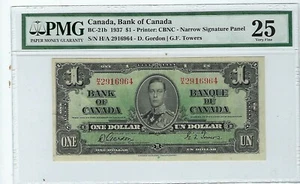 1937 $1 Bank of Canada Note Gordon-Towers H/A Narrow BC-21b - PMG VF-25 - Picture 1 of 2