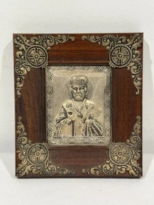 Vintage Nikolaus Nikolaos griechisch byzantinisch orthodox Ikone Silber Holzrahmen - Bild 1 von 2