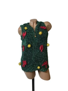 Holiday Christmas Tree Vest S Fuzzy Tinsel Hooded Festive Novelty Top - Picture 1 of 6