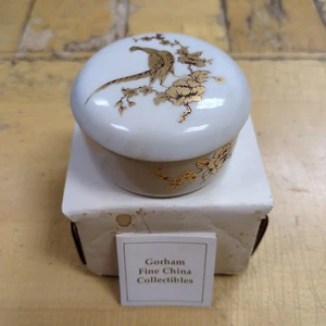 Scatola anello rotonda porcellana Gorham vintage con coperchio uccellino fagiano USA - Foto 1 di 9