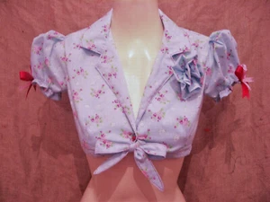 Blue floral crop tie up puff sleeve blouse! Rockabilly,pin up 1930's,40's,50's! - Picture 1 of 9