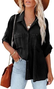 Women's Lightweight Spread Collar Long Sleeve Cuffed Loose Fit Blouse Shirt Tops - Picture 1 of 21