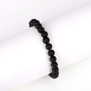 Black Dark Lava Rock Smooth Round Beaded Stretchable Bracelet 6-9" For Men Woman - Picture 1 of 6