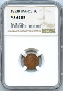 France Napoleon III 1 Centime 1853 B Rouen NGC MS64 RB - Picture 1 of 2