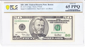 $50 2001 FRN - Boston - Fancy Serial 00044444 - Binary 5 of a Kind 4s - 65 PPQ - Picture 1 of 2