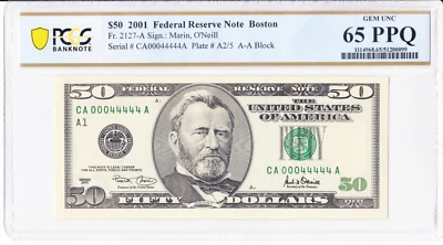$50 2001 FRN - Boston - Fancy Serial 00044444 - Binary 5 of a Kind 4s - 65 PPQ - Image 1 of 2
