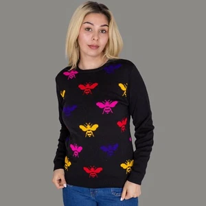RUN AND FLY Rainbow Bee Jumper Black Multi Coloured Unisex Quirky Sweater - Picture 1 of 4