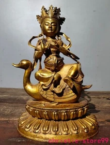 Antiguo templo budista tibetano bronce dorado pájaro fénix estatua Tara Kwan-Yin GuanYin - Imagen 1 de 9