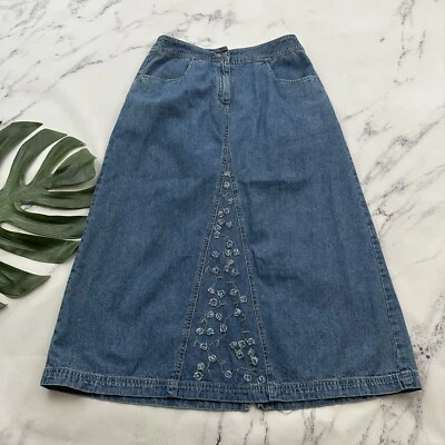 Falda Midi Jean Jill Denim Vintage Y2k Talla M Azul Floral Bolsillos Bordados Foto 1 de 4