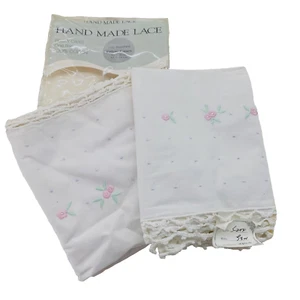 Vintage Pillowcases Embroidered Swiss Floral Crochet Lace Handmade Cottagecore - Picture 1 of 8