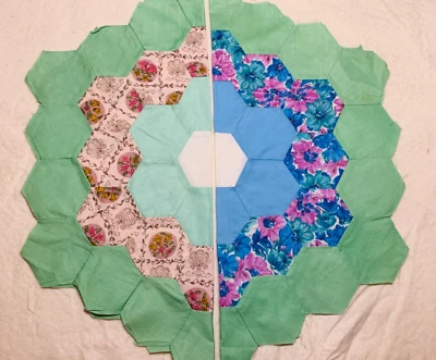 Antique Cotton Fabric 1930s Grandma's Garden 2 Quilt Blocks Hand Pc'd 16.5" - Image 1 of 4