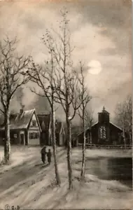 Cartolina Postata 1912 Artista Disegno Case e Chiesa in una notte d'inverno - Foto 1 di 2