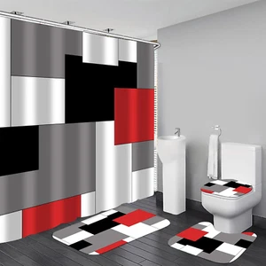 Geometric Red Shower Curtain Sets with Non-Slip Rugs,Toilet Lid Cover and Bath M - Picture 1 of 6