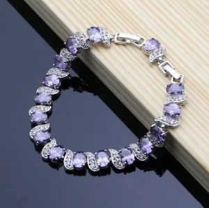 Silver tone Lab Created Purple Amethyst Gemstone & AAA CZ Tennis Bracelet - Picture 1 of 2