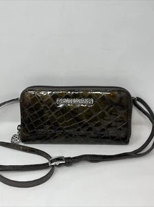 BRIGHTON Green Brown  Leather Organizer Zip Around Wallet Crossbody - Picture 1 of 17