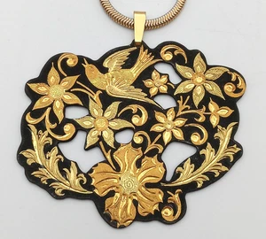 Vintage Damascene Gold Tone Black Tone Bird Flower Pendant Necklace - Picture 1 of 6