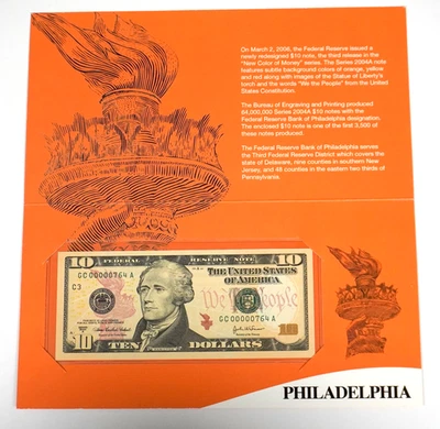 SERIES 2004A $10 SINGLE NOTE, PHILADELPHIA DISTRICT 3 DIGIT SERIAL # GC00000764A - Image 1 of 3