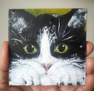Cat original miniature oil painting Wood panel 100% hand artwork 3.5x3.5 in - Picture 1 of 3
