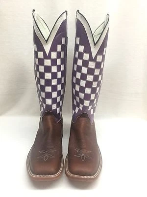 Botas masculinas Olathe personalizadas cano alto, parte superior quadriculada roxa/branca, estilo 0548A - Imagem 1 de 3