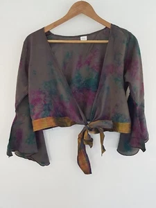 Tie Dye Top Shrug Bolero Cropped Hippie Festival Indian Boho Vintage Silk Retro - Picture 1 of 13