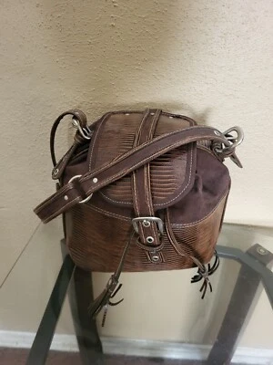 Embossed Lizard Print Women's Large Brown Drawstring Shder Hbg,Cond.is V.Gd  - Image 1 of 4