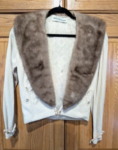 1950s Altmann Of Vienna 100% Cashmere Mink Collar Lining Cream Sweater Sz Small - Picture 1 of 14