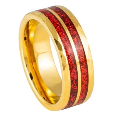 Tungsten Ring Band Yellow IP Plated Faceted  Red Glitter Inlay For Men & Women - Image 1 of 4