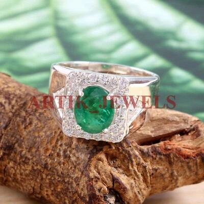 Labor Erstellt Smaragd Edelstein Mit 14k Weiß Vergoldet Silberring für Men #2766 - Bild 1 von 4