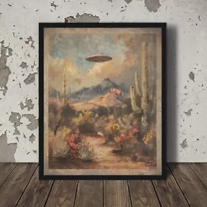 Vintage UFO CACTUS FLOWER Wall Art, Alien Botanical Poster, Sci-fi Western Decor - Picture 1 of 19