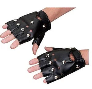 Black Studded Fingerless Biker Gloves - 80s - Costume Accessory - One Size - Picture 1 of 1
