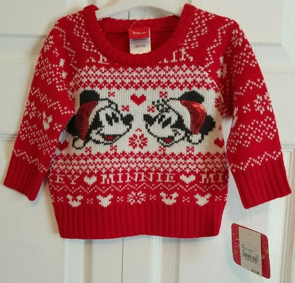 Size 6 - 9 M Disney Mickey Mouse Minnie Christmas Sweater Red White Sequins