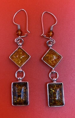 "Pendientes colgantes de plata de ley multicolor ámbar báltico, alambre francés de 1,5"" usados en excelente estado" Foto 1 de 3