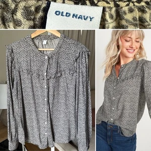 Old Navy Women’s L/S Floral-Print Ruffle-Yoke Button-Front Blouse Black/white L - Imagen 1 de 9