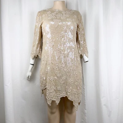 Vintage Jack Bryan Bead & Sequin Half Sleeve Shift Dress Light Beige Size 16 - Image 1 of 4