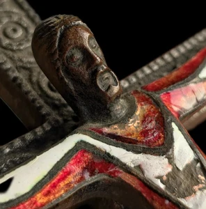 1900s Enamel Gilt Bronze Religious Crucifixion Christ Crucifix  Cross Reliquary - Picture 1 of 22