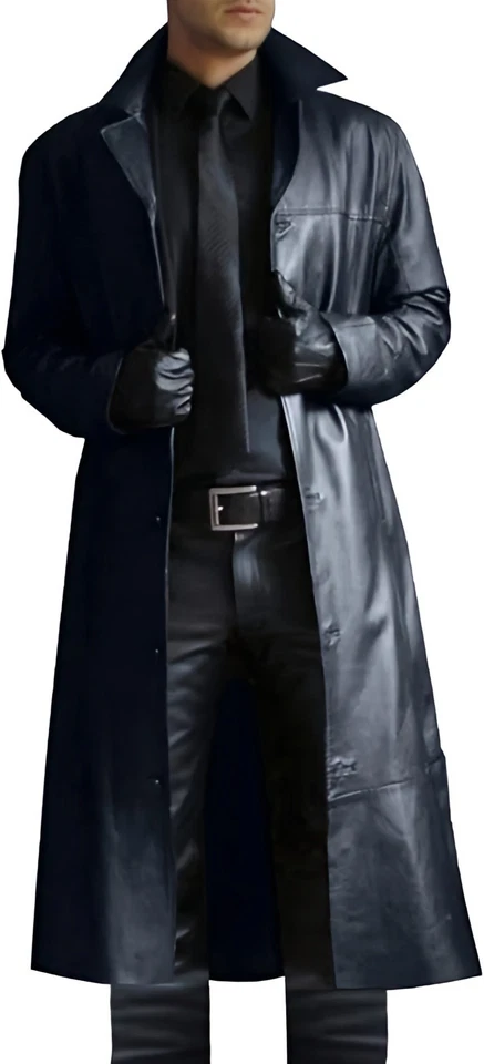 Retro Trench Coat Men Real Leather Long Jacket Full Length Overcoat Trench Goth - Image 1 of 1