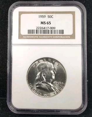 1959 50C FRANKLIN SILVER HALF DOLLAR PHILADELPHIA MINT NGC MS 65 #5847 - Image 1 of 2