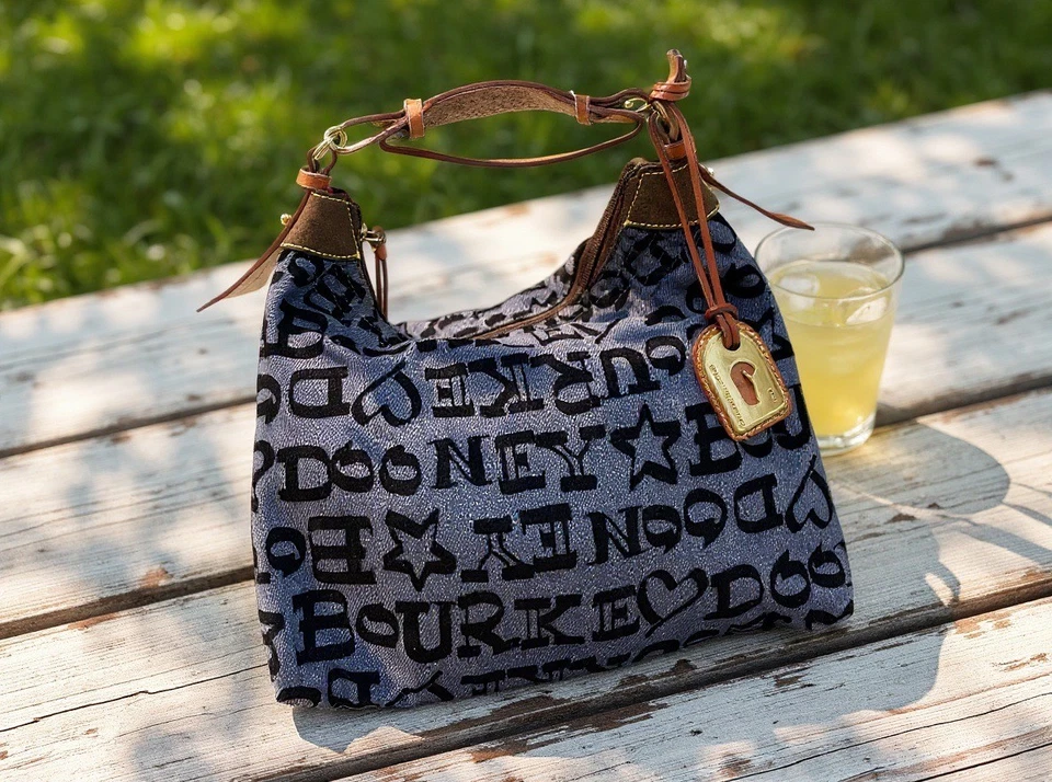 Dooney & Bourke Blue Denim and Velvet Monogram Hobo Shoulder Bag Leather Strap - Image 1 of 4