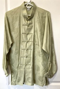 Chinese Blouse Sz L Womens Sage Frog Button Silk Mandarin Top Tunic Asian - Picture 1 of 9