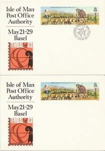 2x Isla de Man Oficina de Correos Pre Estampada Tembal Exposición Basilea 1983 Rueda Laxey - Imagen 1 de 2