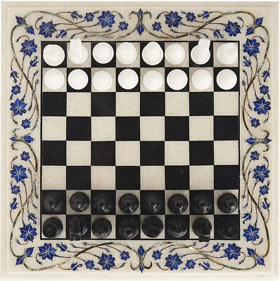 Chess Set Modern Mid-Century Minimalist Marble With Lapis Semi Preciuse Inlaid - Image 1 of 4
