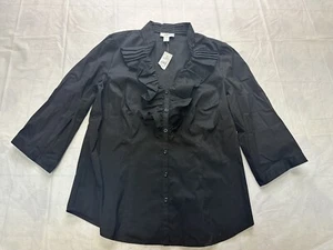 NWT Loft Ann Taylor Womens 3/4 Sleeve Top Sz 12 Black Button Front Ruffle V Neck - Picture 1 of 8