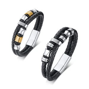 Leder Armband Geflochten Schwarz Edelstahl Magnet Verschluss Damen Herren - Bild 1 von 5