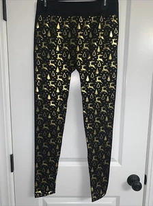 NUEVO SIN ETIQUETAS Mujer Sin Costuras Negro Dorado Metálico Navidad Vacaciones Leggings Pantalones L/XL - Imagen 1 de 3